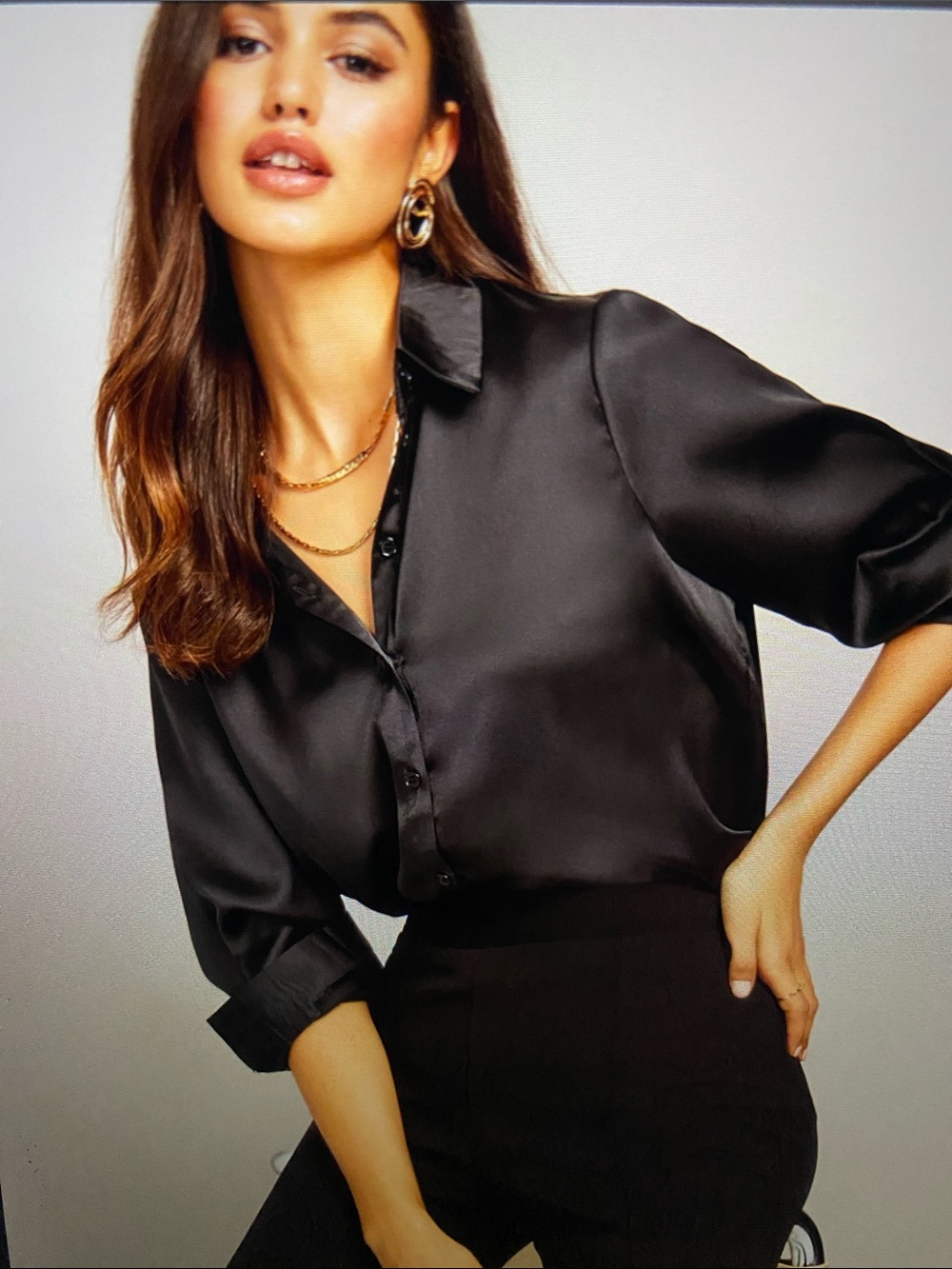 Adec Silk Stretch Black ButtonDown Timeless Fitted Sexy Blouse Shimmer NWOT